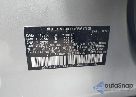 2022 Subaru Legacy Premium from USA, damaged, VIN 4S3BWAC68N3008706